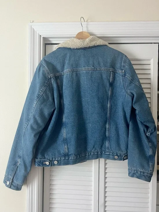 GAP Sherpa Lined Denim Jacket Trucker Jean Jacket Cozy Fleece Lined Blue Size L - Picture 7 of 7